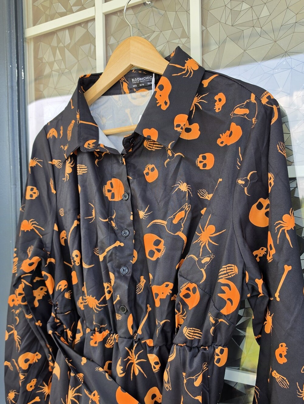 Halloween Print Collar Button Up Belted Flutter Dress